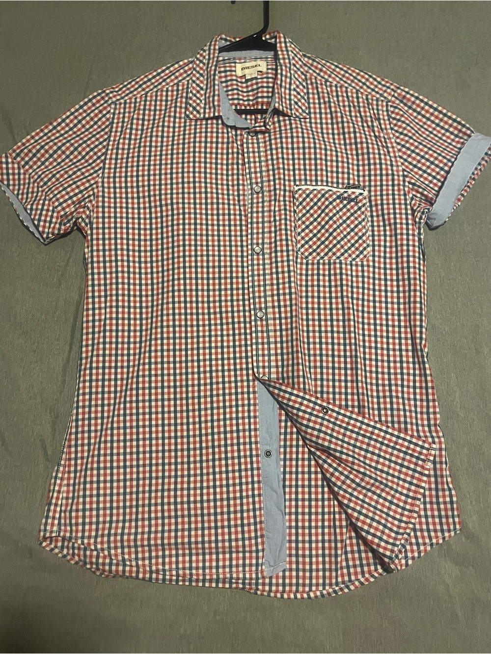 Diesel Short-Sleeve Check Shirt in Red, White, and Blue